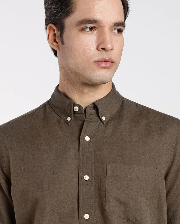 Military Green Cotton Linen Shirt - Image 5